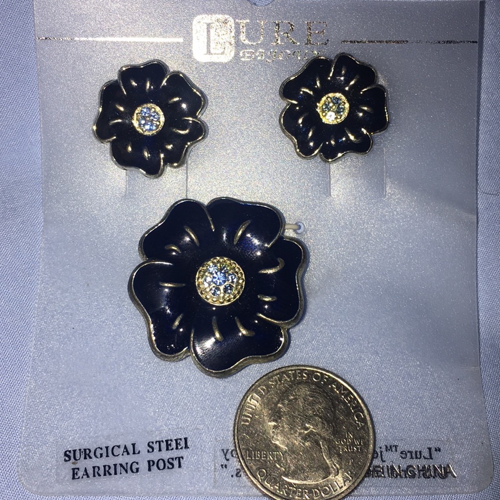 Navy Blue Flower Brooch and Earrings